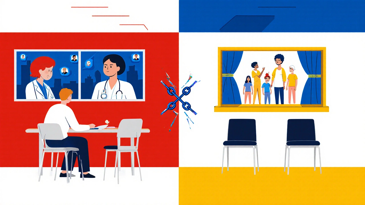 Divided clinic scene showing telehealth screens and empty chairs with broken chain