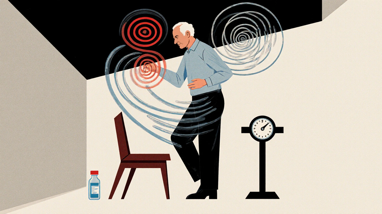 Elderly person rising slowly from a chair, surrounded by fluid waves and dizziness spiral, minimalist Bauhaus style.