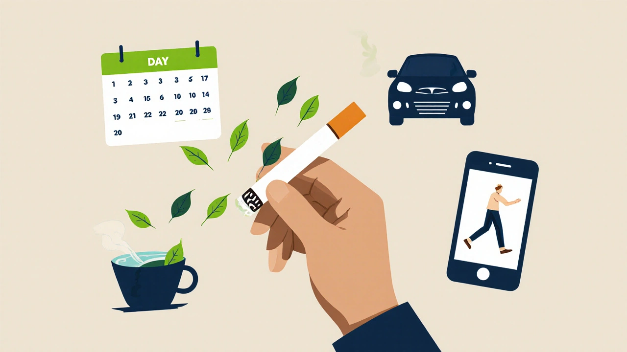 Hand dropping cigarette as habits transform into healthy alternatives with abstract icons.