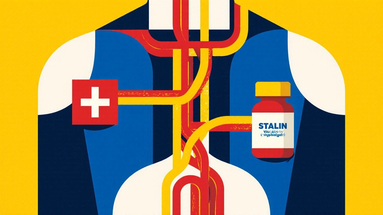 Human torso with colored geometric pathways showing drug interaction conflicts in hypertension.