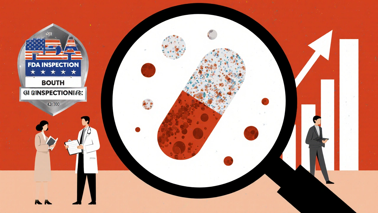 Magnifying glass revealing pill ingredients, doctor and patient with symptom notebook