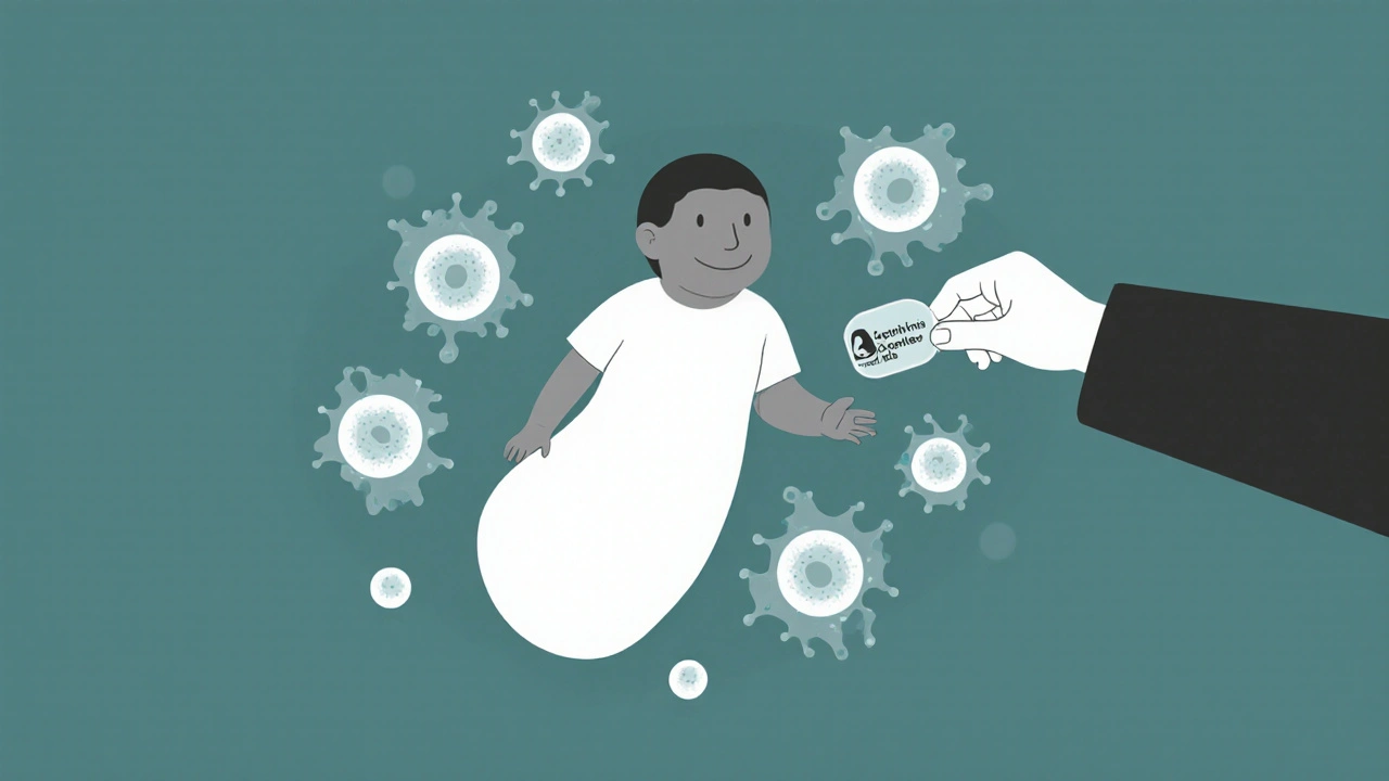 Newborn surrounded by faint immune cells, with a hand holding a pill in minimalist Bauhaus design.