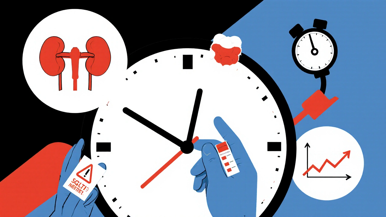 Patient holding urine test strip with medical icons and ticking kidney clock in Bauhaus style