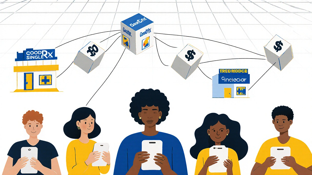 People comparing medication prices on phones, with geometric price blocks and pharmacy shapes.