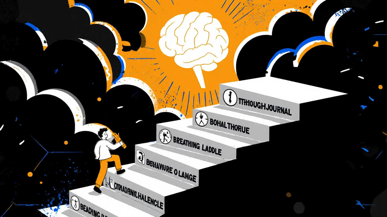Person climbing a staircase of CBT exercises under a brain-shaped sun dissolving dark clouds.