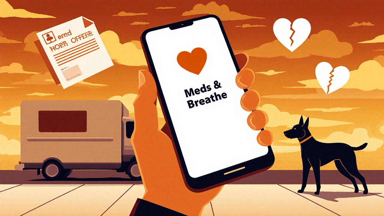 Person holding phone with &#039;Meds &amp; Breathe&#039; app, standing beside dog, while chaotic life events float behind.