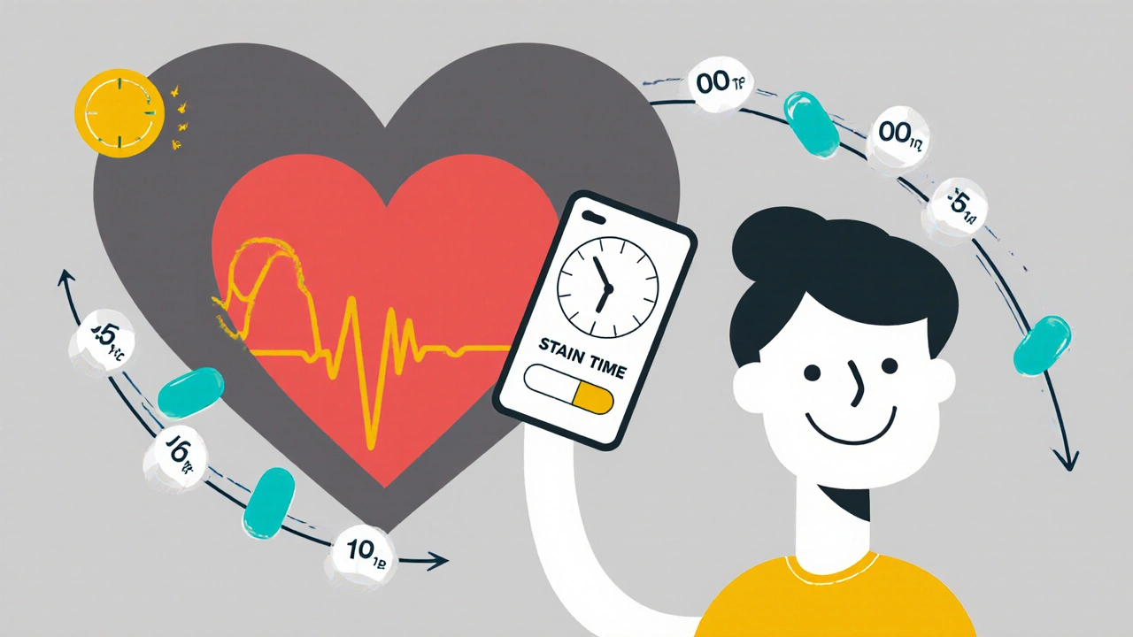 Person setting a morning alarm with a pulsing heart, representing adherence over clock time for statin effectiveness.