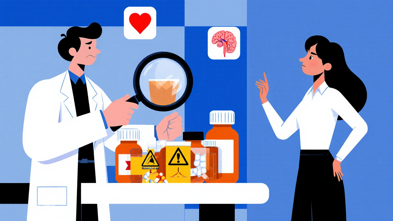 Pharmacist reviewing pills with floating warning icons in clean Bauhaus illustration style.