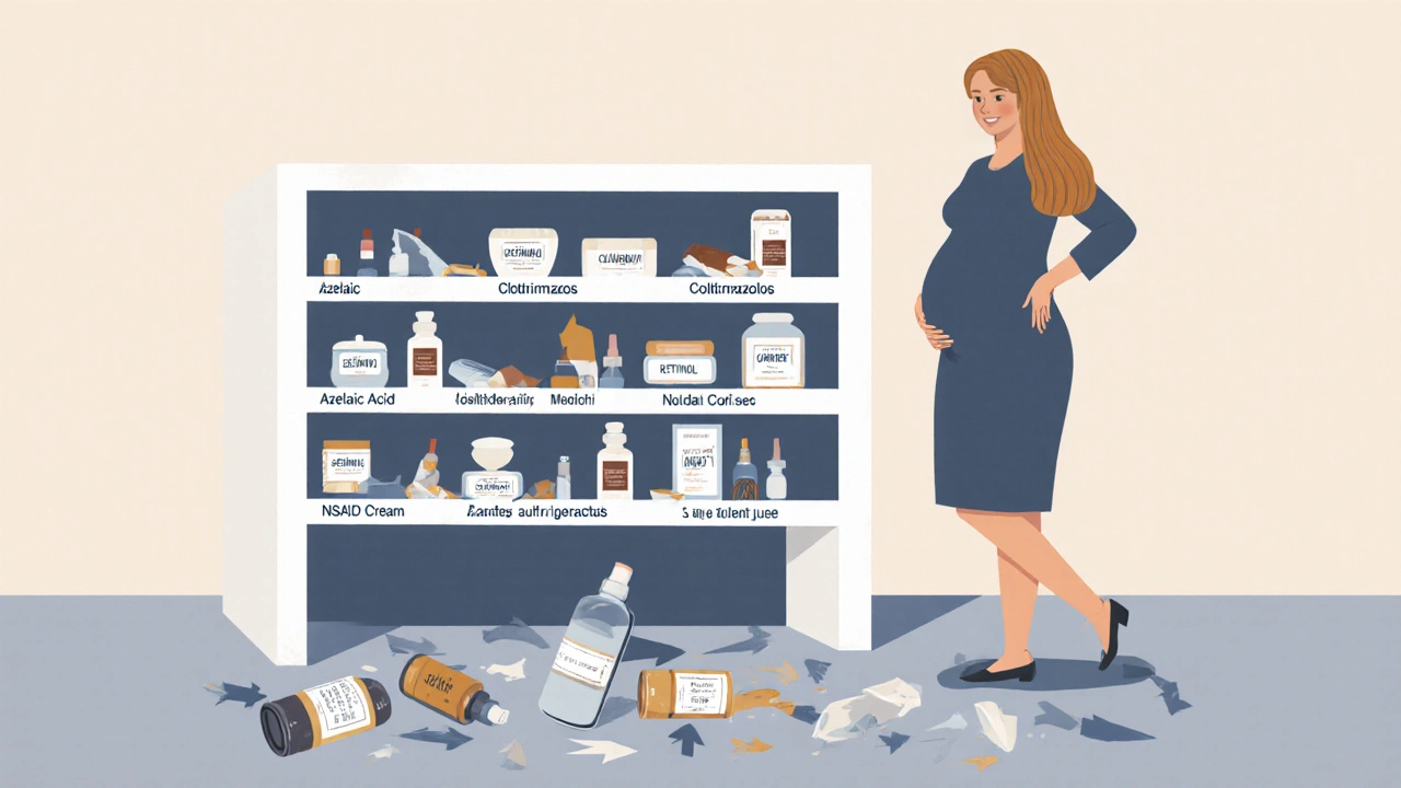 Pregnant woman choosing safe skincare products while avoiding hazardous ones in geometric setting.