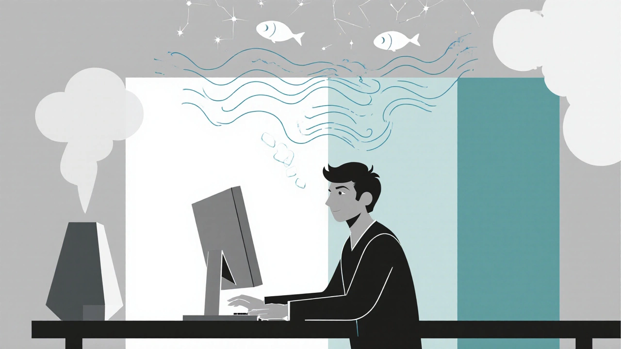 Silhouette using 20-20-20 rule with humidifier and omega-3 capsules in abstract Bauhaus design