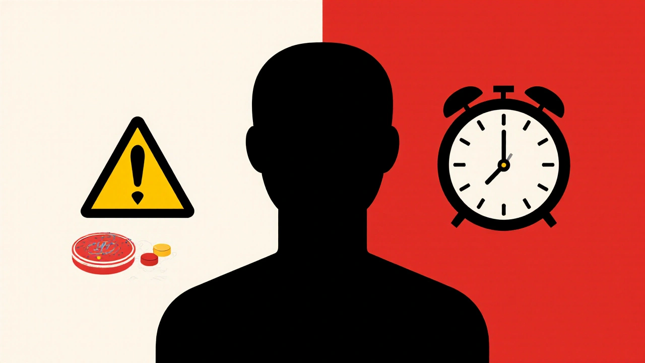 Split male and female silhouettes with sperm and ovary icons, marked by warning symbols and a clock.