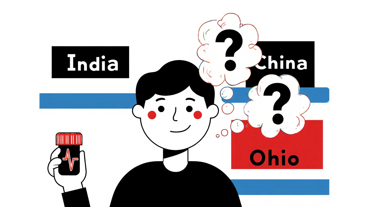 Split patient with calm and anxious sides, abstract pharmacy shelves behind