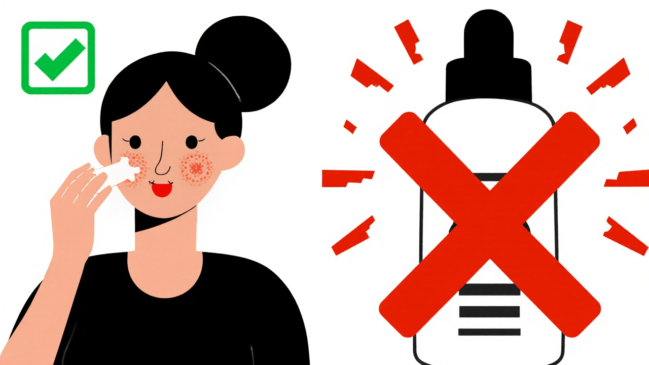 Split-screen: safe acne treatment vs. dangerous retinoid cream with bold warning shapes.