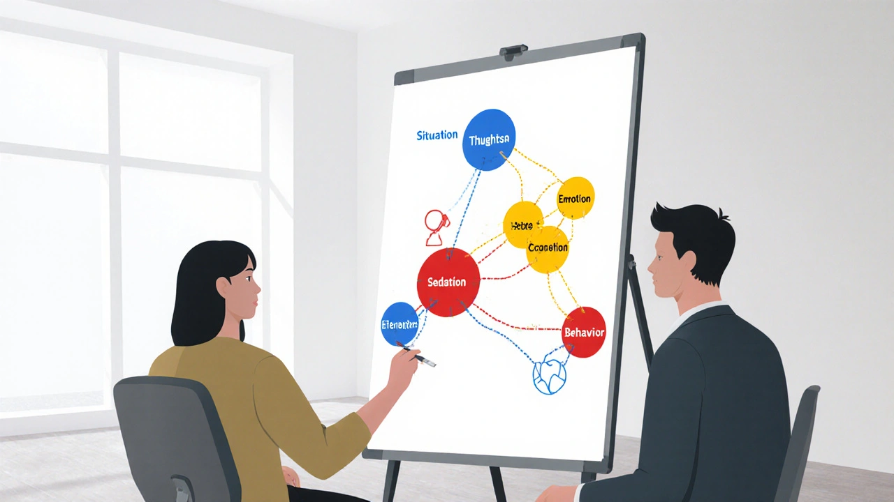 Therapist and client using a geometric whiteboard diagram of CBT&#039;s five-part model.