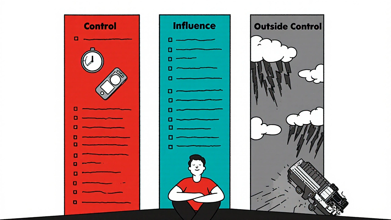 Three abstract panels showing what a person can control, influence, and cannot control, with calm figure in center.