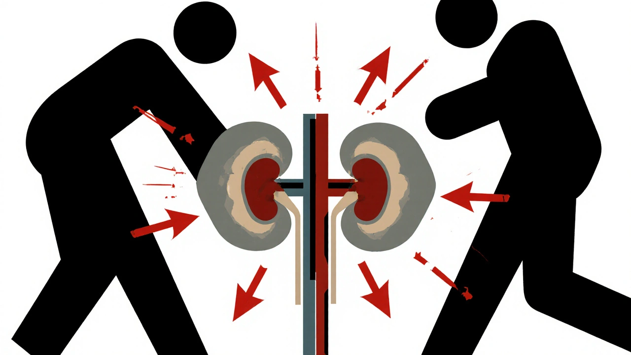 Three geometric figures attacking a kidney structure in minimalist Bauhaus design