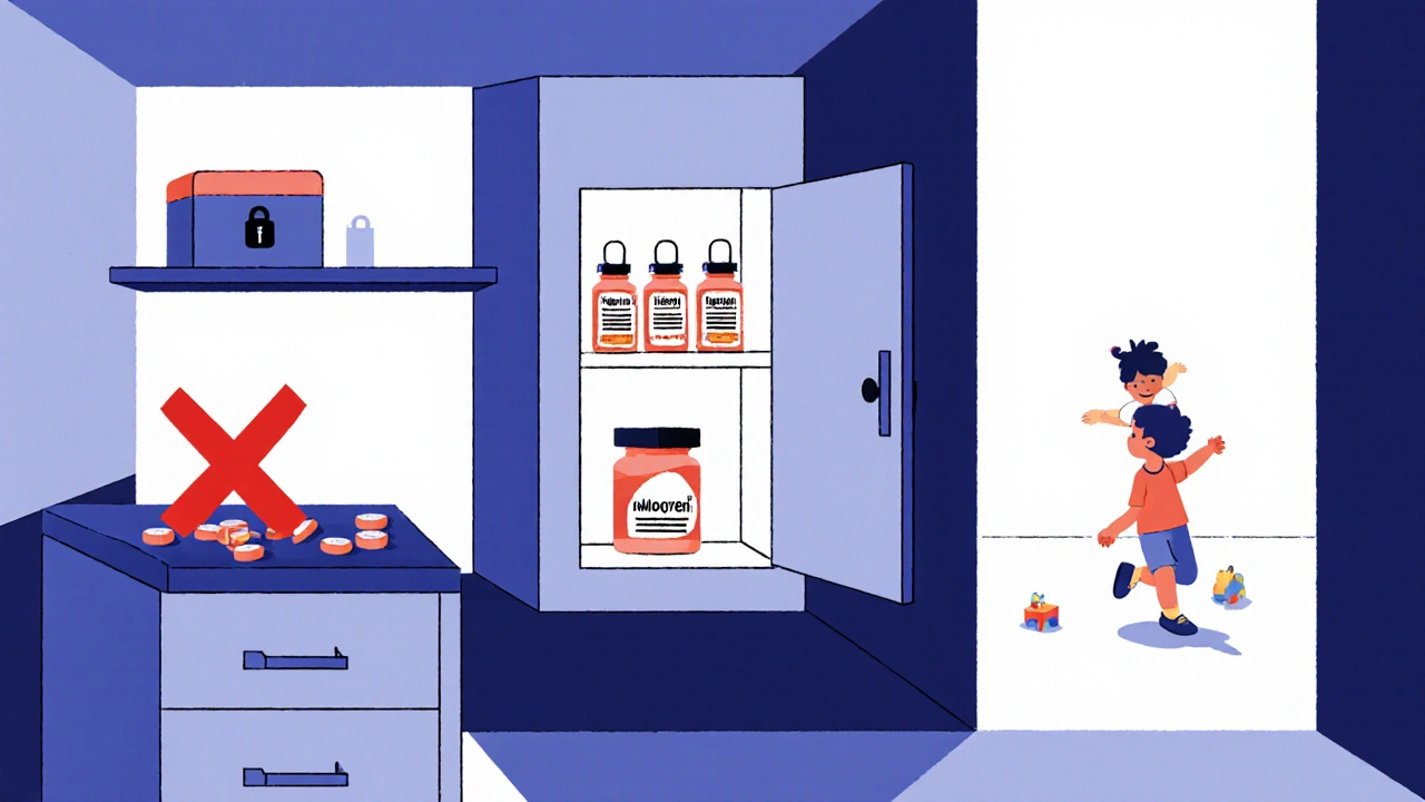Three home zones showing safe lockbox storage versus unsafe pill placement, bold Bauhaus shapes and colors.