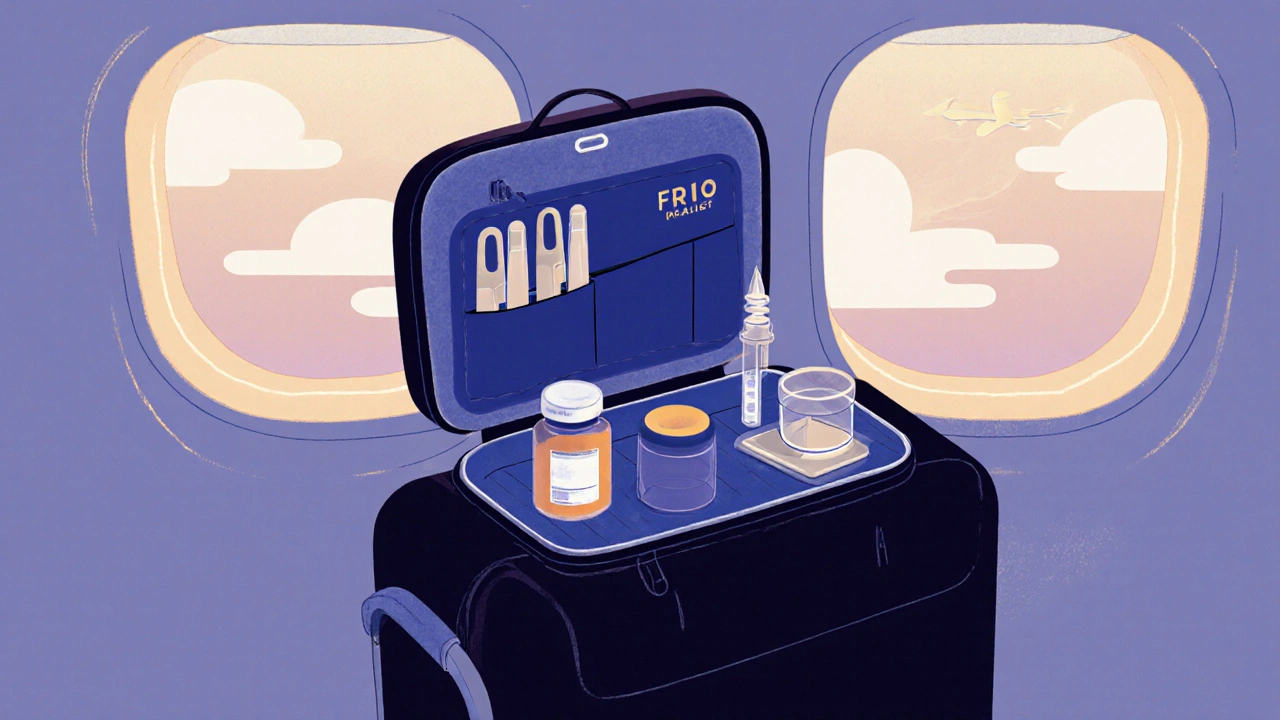 Travel essentials including insulin wallet, test strips, and sharps container in a carry-on bag.