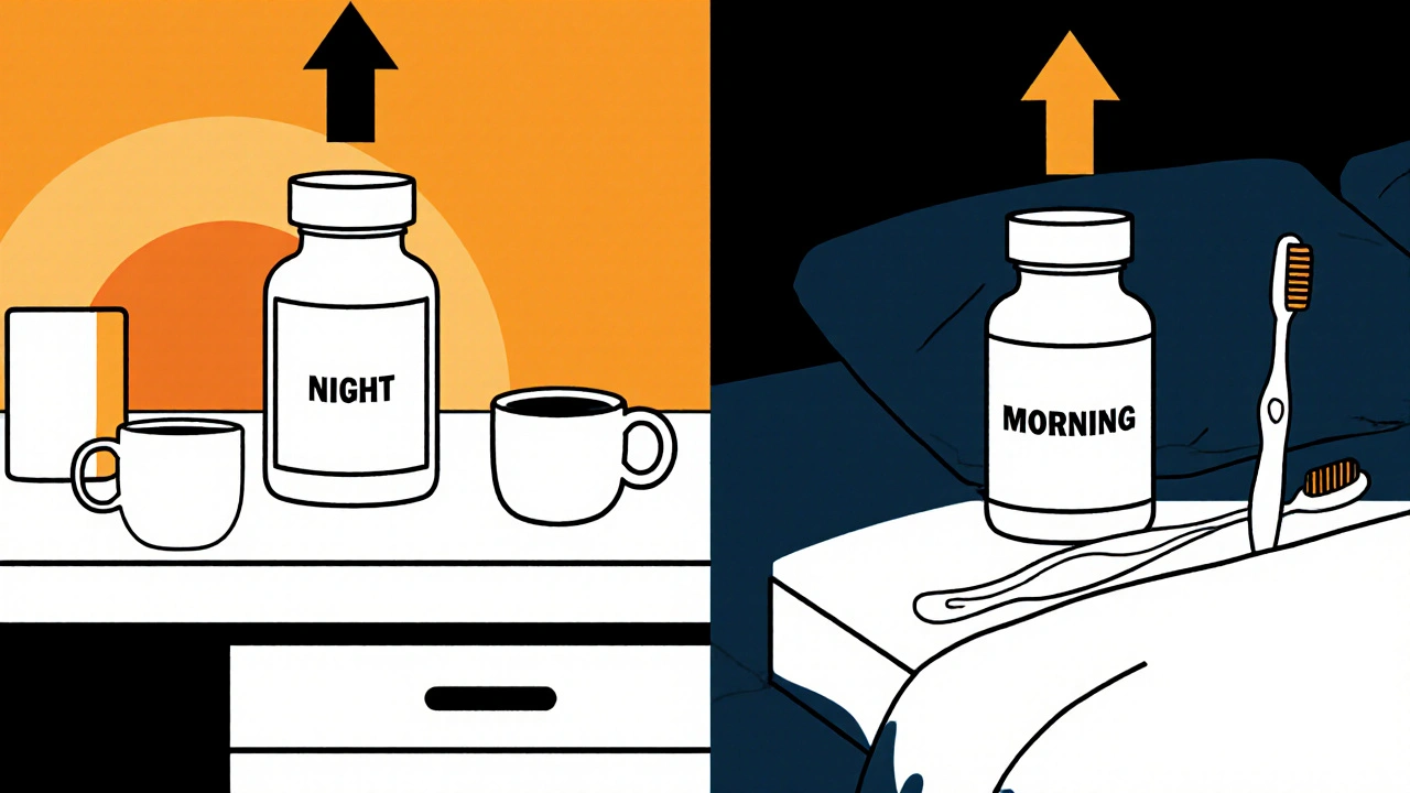Two pill bottles labeled night and morning with equal arrows, showing modern statin timing is irrelevant.