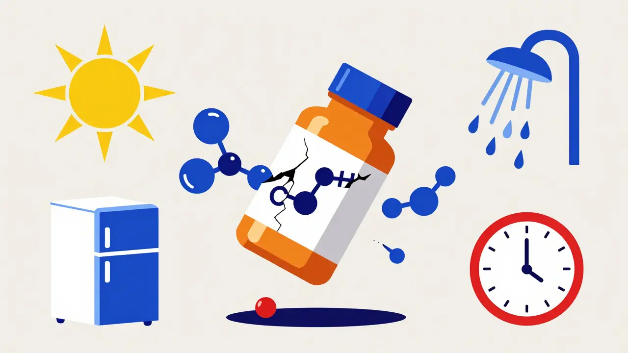 A cracked pill bottle releasing abstract symbols of heat, humidity, and freezing, representing drug degradation.