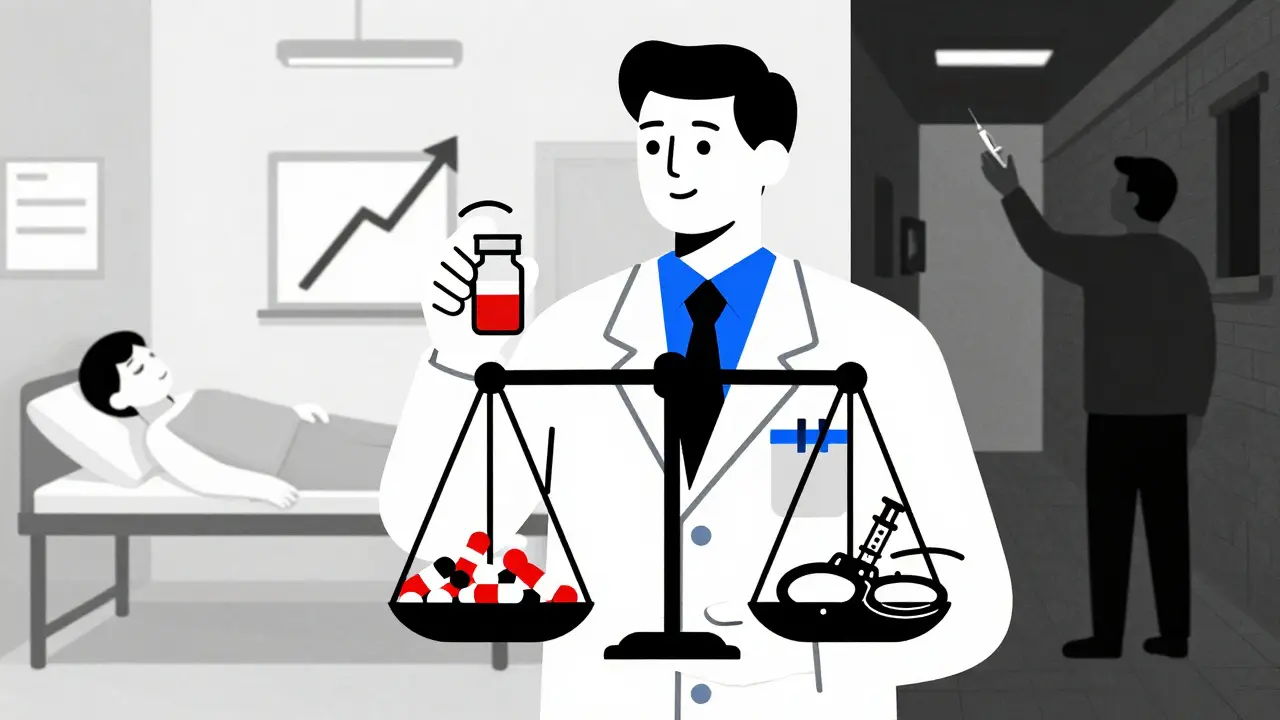 A doctor balancing a scale with medical tapering on one side and addiction chaos on the other, in minimalist Bauhaus style.