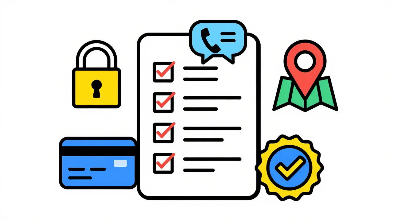 A geometric checklist with icons for safe online pharmacy verification, floating against a clean minimalist background.