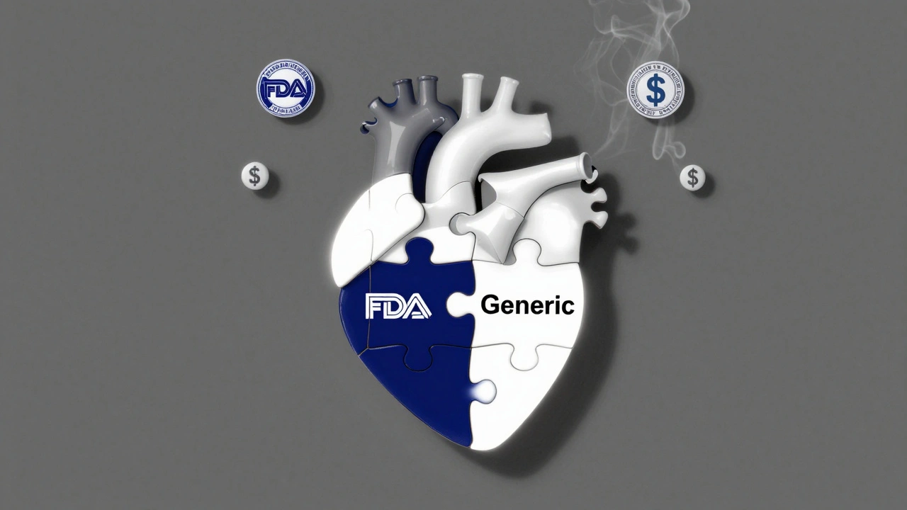 A heart made of puzzle pieces, half branded and half generic, both glowing equally under FDA seals.