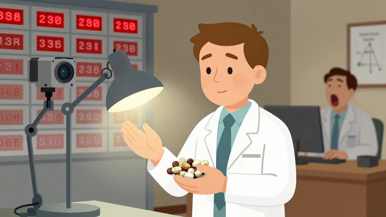 A pharmacist examining defective tablets under a lamp, with AI scanners and human inspectors shown in contrasting Bauhaus composition.