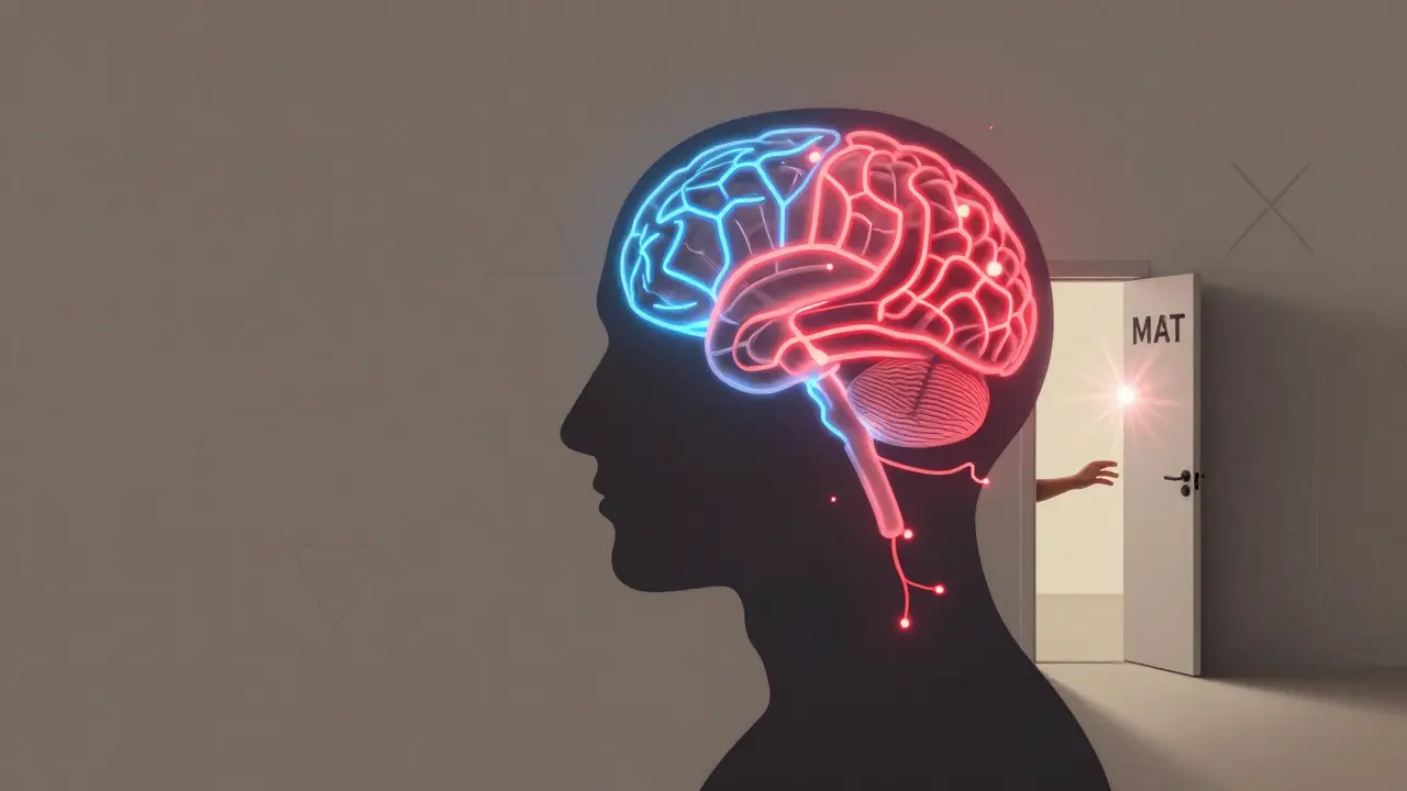A split-brain silhouette with orderly and chaotic neural pathways, illuminated by a door labeled MAT in geometric art style.