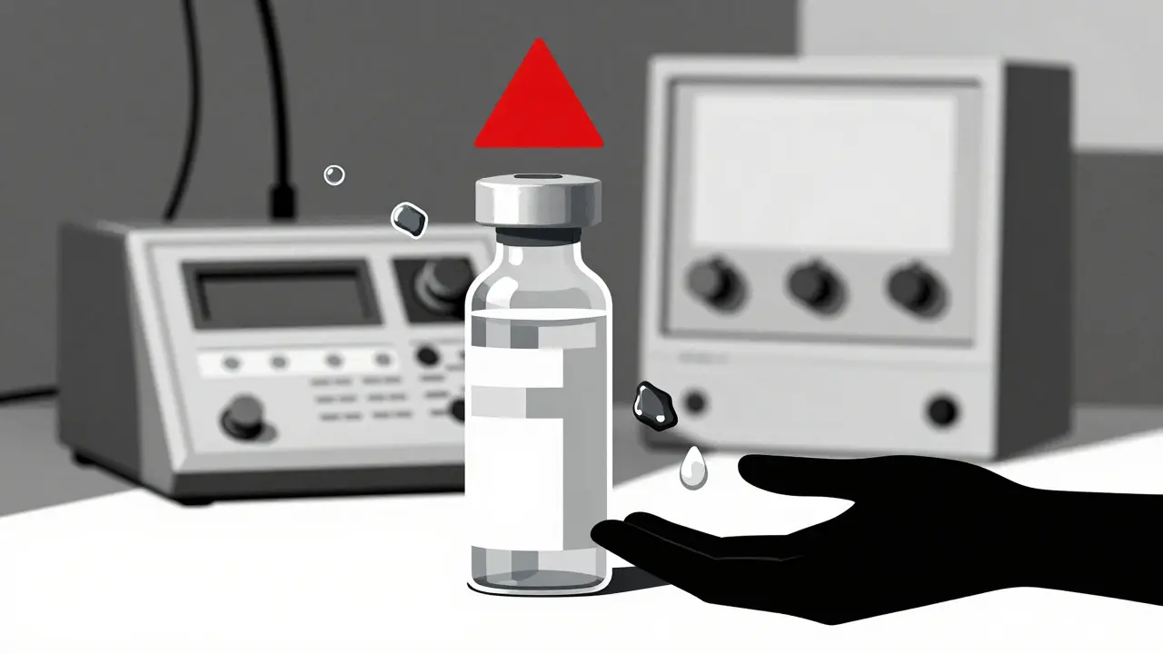 A sterile vial with floating contaminants, surrounded by outdated machinery in minimalist Bauhaus design.