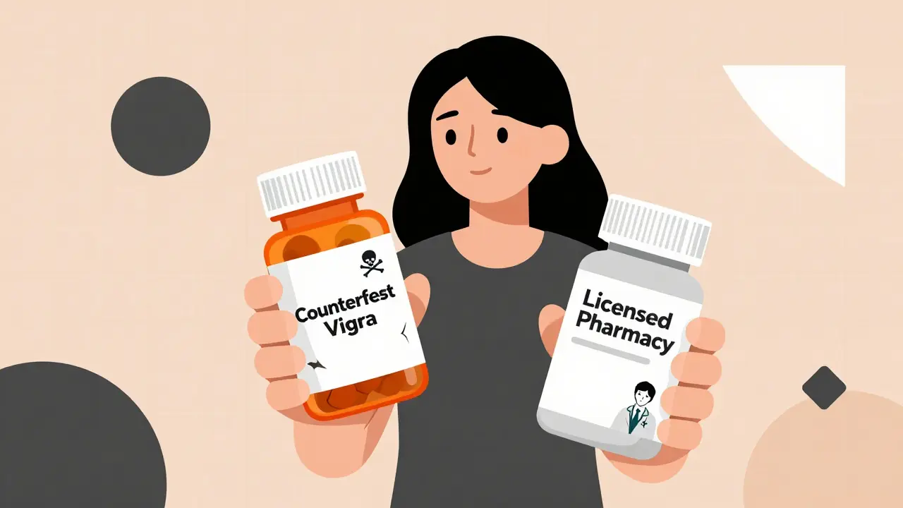 A woman holds two pill bottles: one dangerous counterfeit, the other safe and properly labeled from a licensed pharmacy.