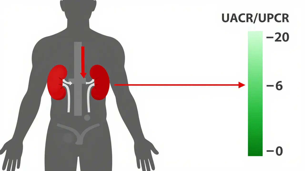 Abstract body diagram showing protein leakage to kidney test scale in Bauhaus style.