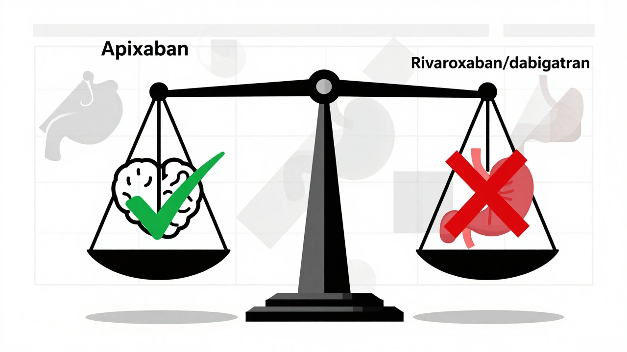 Balance scale comparing apixaban's safety against rivaroxaban and dabigatran's risks in geometric style.