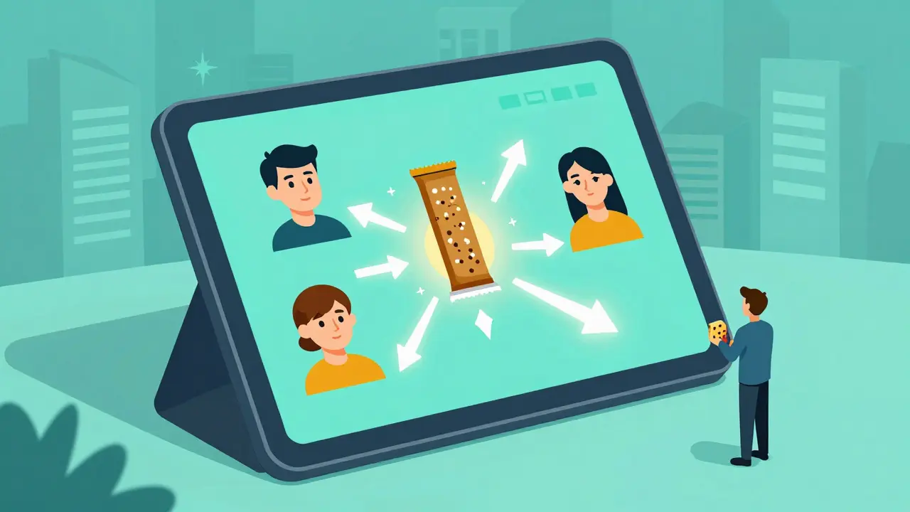 Digital feed with avatars using same product, one person isolated, glowing influence arrows.