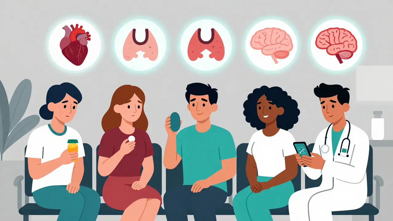 Diverse patients in a clinic, each with pill bottles, while abstract health icons glow with equal intensity.