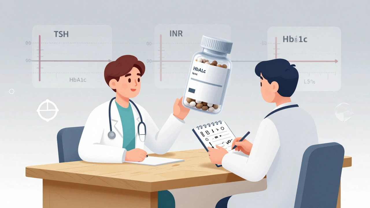 Doctor and patient at modern table with floating pill bottle and health data symbols.