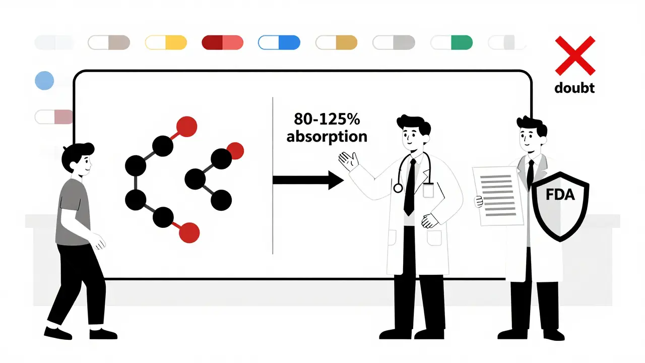 Doctor and pharmacist explaining bioequivalence with a geometric flowchart of identical drug molecules.