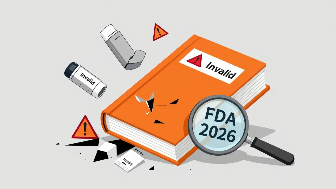 Falling invalid patent symbols from Orange Book under FDA magnifying glass in Bauhaus style
