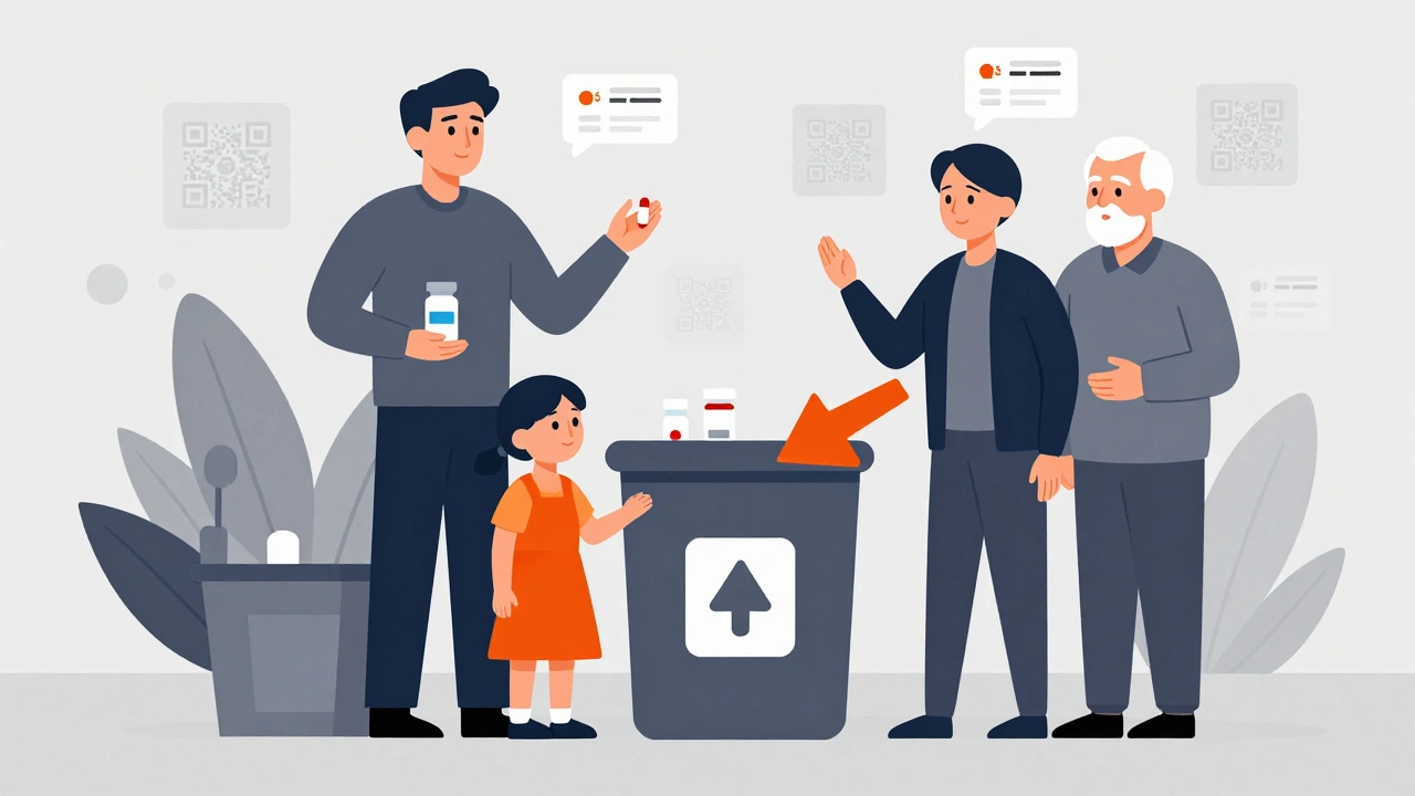 Family depositing expired meds into a public take-back bin, with geometric forms and warning colors in Bauhaus design.