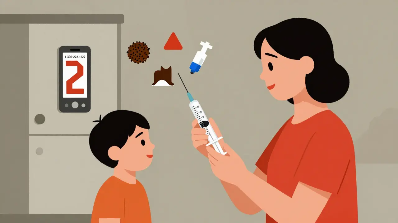 Family using correct dosing syringe, locked cabinet in background, Poison Control number displayed.