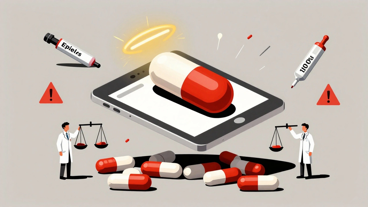Floating pill with potency halo beside warning icons for insulin, EpiPen, and nitroglycerin