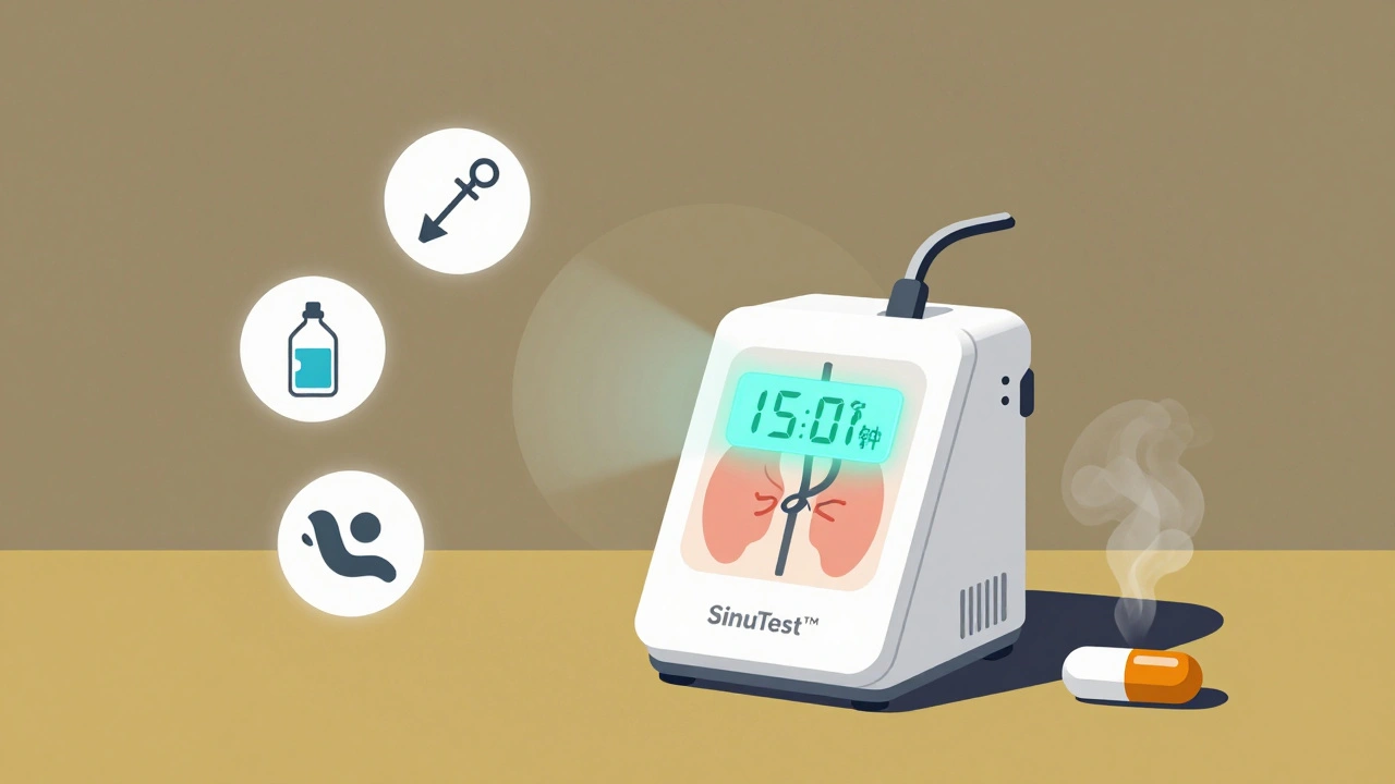Futuristic SinuTest device projecting a timer over sinus diagram, with antibiotic dissolving into smoke