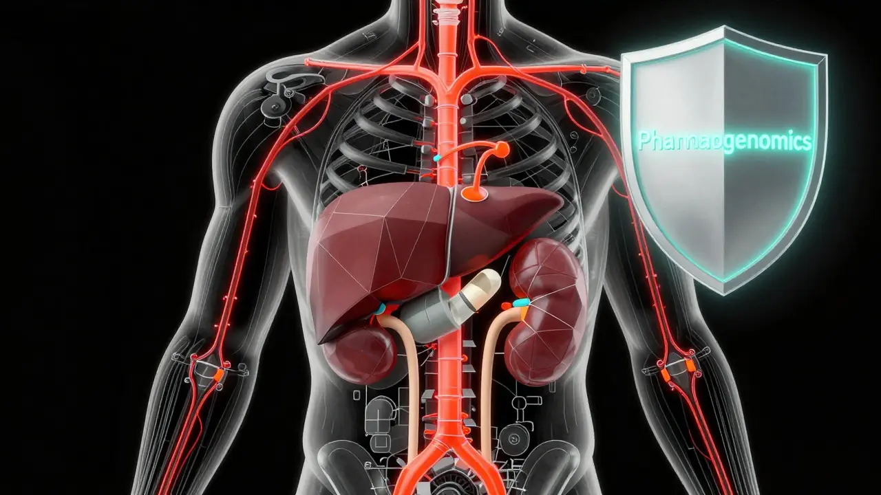 Human body as blueprint with drug interaction pathways and pharmacogenomics shield