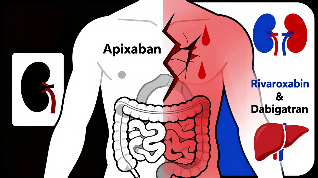 Human torso comparison showing healthy gut for apixaban versus bleeding risks for other anticoagulants.