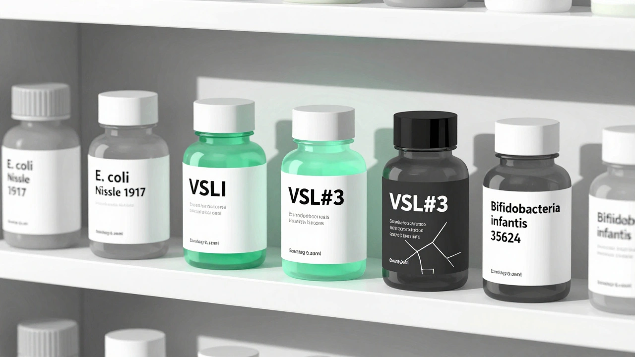 Minimalist probiotic bottles on a shelf, some glowing with evidence-based efficacy