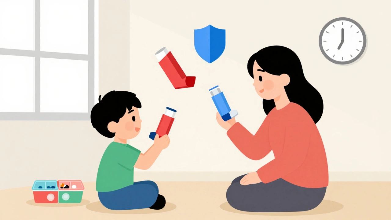 Parent and child playing a color game with inhalers, using red and blue icons in a clean, minimalist Bauhaus room.