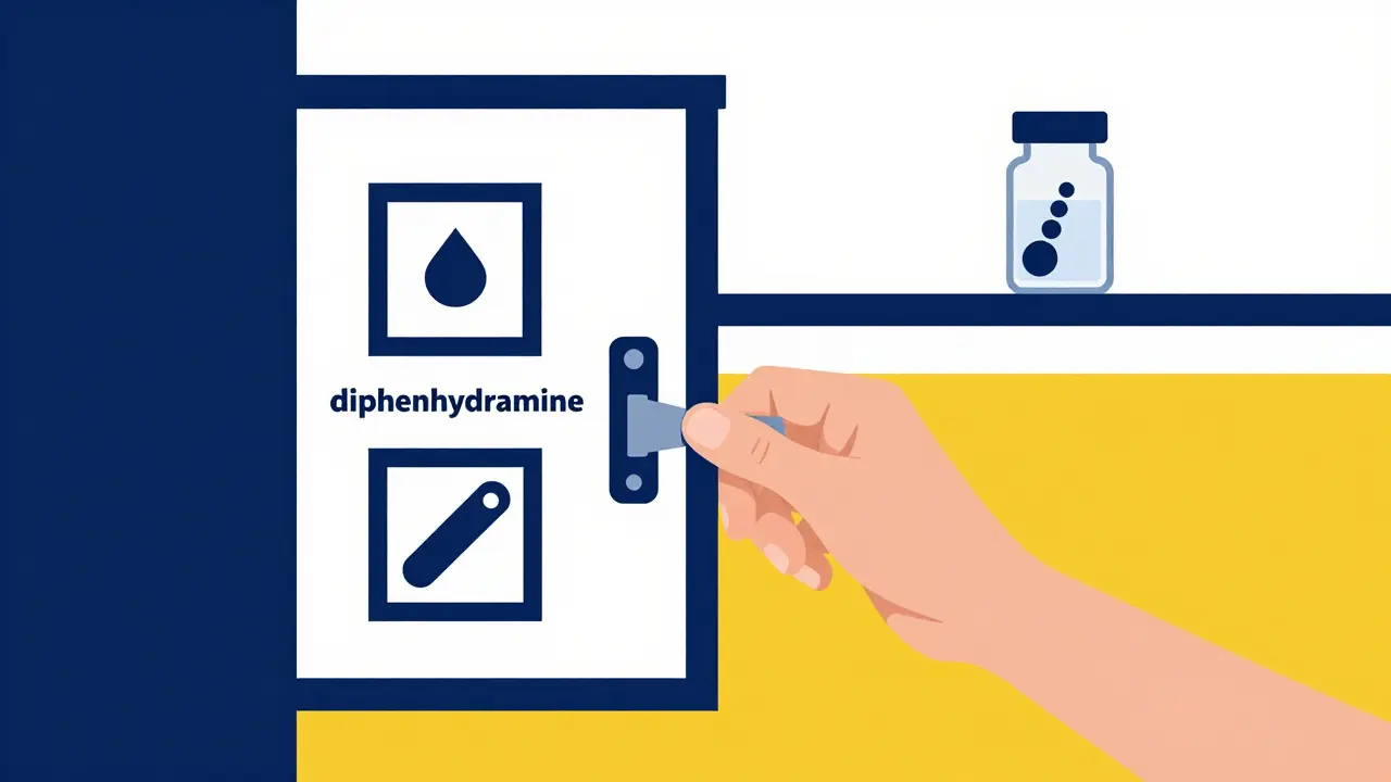 Parent locking a medicine cabinet with childproof latch, geometric icons on bottles visible inside.