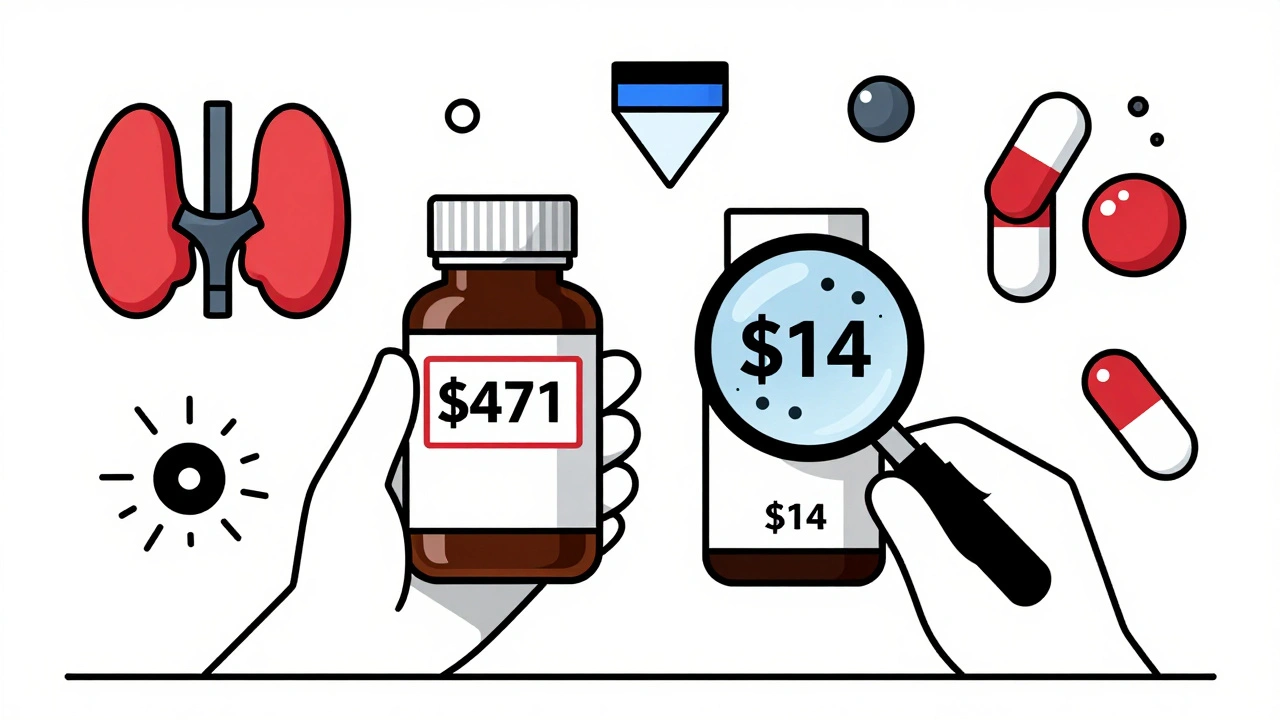 Patient comparing expensive brand pill bottle to cheap generic with microscopic details visible