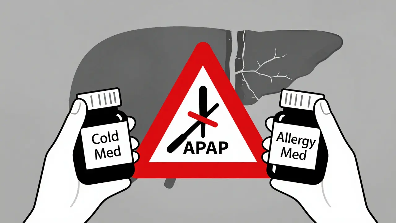 Person holding two cold and allergy meds with a warning triangle of chemical symbols and a damaged liver.