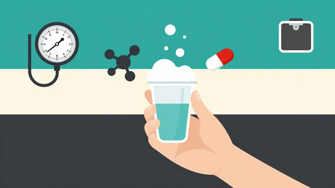 Person holding urine cup with floating medical icons in minimalist Bauhaus design.